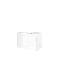 Proline Porselein Elegant badmeubelset met wastafelonderkast symmetrisch met 2 laden en glans witte wastafel zonder kraangat 80 x 46 x 52 cm, glans wit