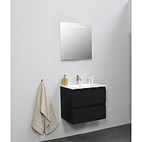 Sub Online flatpack badmeubelset met onderkast met porseleinen wastafel 1 kraangat met spiegel met geintegreerde LED verlichting 60x55x46cm, mat zwart