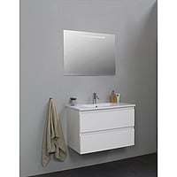 Sub Online badmeubelset met onderkast met porseleinen wastafel 1 kraangat met spiegel met geintegreerde LED verlichting 80x55x46cm, hoogglans wit