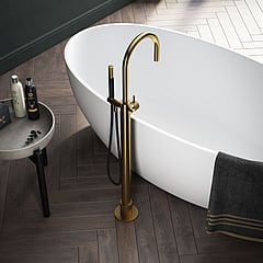 Hotbath Cobber X staande badmengkraan met staafhanddouche en doucheslang 105,5 x 22,5 cm, geborsteld messing PVD