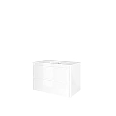 Proline Porselein Elegant badmeubelset met wastafelonderkast symmetrisch met 2 laden en glans witte wastafel zonder kraangat 80 x 46 x 52 cm, glans wit