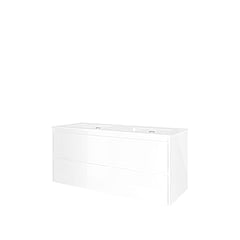 Proline Porselein Elegant badmeubelset met wastafelonderkast symmetrisch met 2 laden en glans witte dubbele wastafel zonder kraangaten 120 x 46 x 52 cm, glans wit
