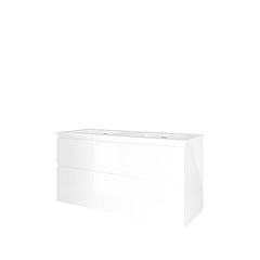 Proline Porselein Elegant badmeubelset met wastafelonderkast asymmetrisch met 2 laden en glans witte dubbele wastafel zonder kraangaten 120 x 46 x 60 cm, glans wit