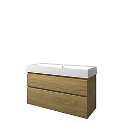 Proline Porselein Loft badmeubelset met wastafelonderkast met 2 asymmetrische lades en porseleinen wastafel zonder kraangat 120 x 73 x 46 cm, ideal oak