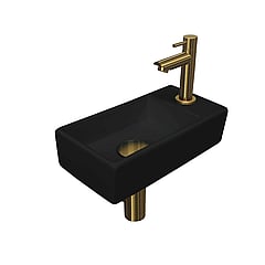 INK Versus fonteinpack inclusief porseleinen fontein met afzetplateau rechts, fonteinkraan, designsifon, designplug en montageset 36x9x18 cm, mat zwart / brushed mat goud