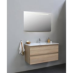 Sub Online badmeubelset met onderkast met porseleinen wastafel 1 kraangat met spiegel met geintegreerde LED verlichting 100x55x46cm, eiken