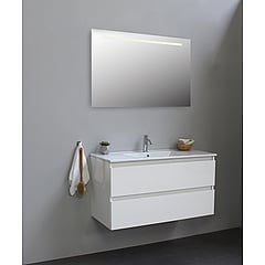 Sub Online badmeubelset met onderkast met porseleinen wastafel 1 kraangat met spiegel met geintegreerde LED verlichting 100x55x46cm, hoogglans wit