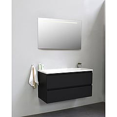 Sub Online badmeubelset met onderkast met acryl wastafel zonder kraangaten met spiegel met geintegreerde LED verlichting 100x55x46cm, mat zwart