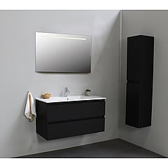 Sub Online badmeubelset met onderkast met porseleinen wastafel 1 kraangat met spiegel met geintegreerde LED verlichting 100x55x46cm, mat zwart