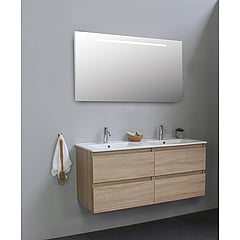 Sub Online badmeubelset met onderkast met porseleinen wastafel 2 kraangaten met spiegel met geintegreerde LED verlichting 120x55x46cm, eiken