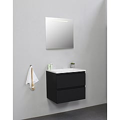 Sub Online badmeubelset met onderkast met acryl wastafel zonder kraangaten met spiegel met geintegreerde LED verlichting 60x55x46cm, mat zwart