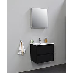 Sub Online badmeubelset met onderkast met porseleinen wastafel 1 kraangat met 1 deurs spiegelkast grijs 60x55x46cm, mat zwart