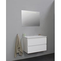 Sub Online badmeubelset met onderkast met acryl wastafel zonder kraangaten met spiegel met geintegreerde LED verlichting 80x55x46cm, hoogglans wit