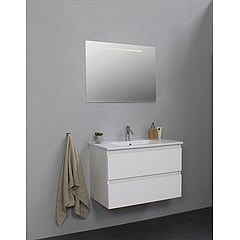 Sub Online badmeubelset met onderkast met porseleinen wastafel 1 kraangat met spiegel met geintegreerde LED verlichting 80x55x46cm, hoogglans wit