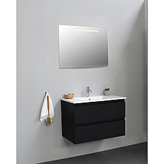 Sub Online badmeubelset met onderkast met porseleinen wastafel 1 kraangat met spiegel met geintegreerde LED verlichting 80x55x46cm, mat zwart
