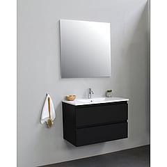 Sub Online badmeubelset met onderkast met porseleinen wastafel 1 kraangat met spiegel 80x55x46cm, mat zwart