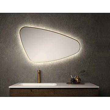 INK® SP23 spiegel met organische vorm in stalen kader rechter versie voorzien van dimbare LED-verlichting, verwarming en colour-changing 60 x 100 x 4 cm, mat goud