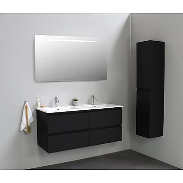 Sub Online flatpack onderkast met porseleinen wastafel 2 kraangaten met spiegel met geintegreerde LED verlichting 120x55x46cm, mat zwart