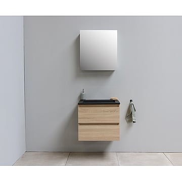 Sub Online flatpack onderkast met acryl wastafel slate structuur zonder kraangaten met 1 deurs spiegelkast grijs 60x55x46cm, eiken