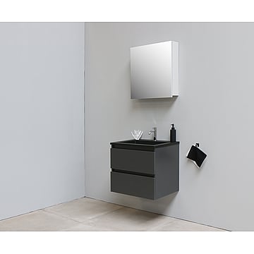 Sub Online flatpack onderkast met acryl wastafel slate structuur 1 kraangat met 1 deurs spiegelkast grijs 60x55x46cm, mat antraciet