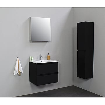 Sub Online flatpack onderkast met porseleinen wastafel 1 kraangat met 1 deurs spiegelkast grijs 60x55x46cm, mat zwart