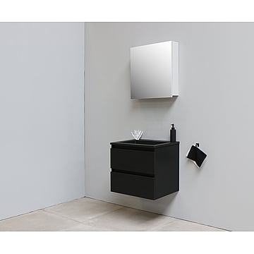 Sub Online flatpack onderkast met acryl wastafel slate structuur zonder kraangaten met 1 deurs spiegelkast grijs 60x55x46cm, mat zwart