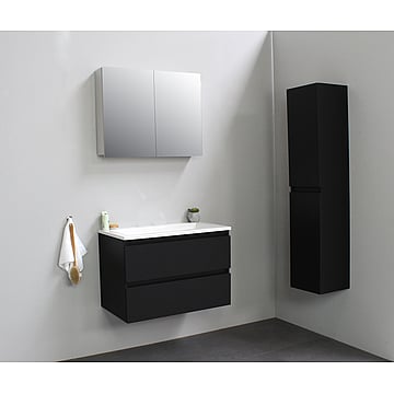 Sub Online flatpack onderkast met acryl wastafel zonder kraangaten met 1 deurs spiegelkast grijs 80x55x46cm, mat zwart